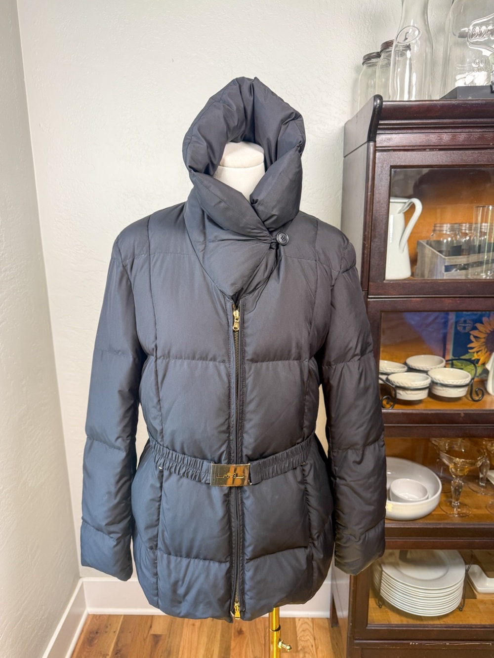 Lauren Ralph Lauren Black Down Puffer Jacket Belted Gold Logo Size L